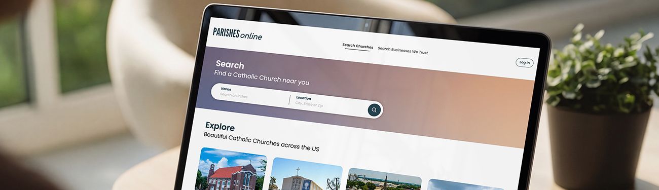 A computer displays the homepage of ParishesOnline.com