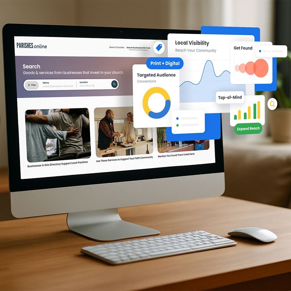 Computer screen showing the Parishes Online homepage with ad options