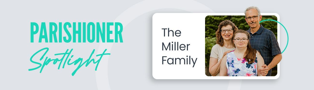 A picture of a family standing next to each other on a white background.