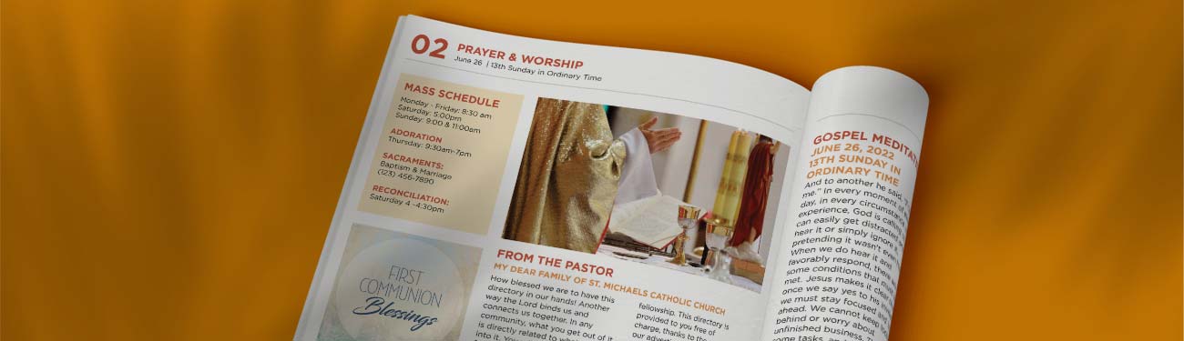 A bulletin is open to a page with a picture of a Priest with chalices in front of him.
