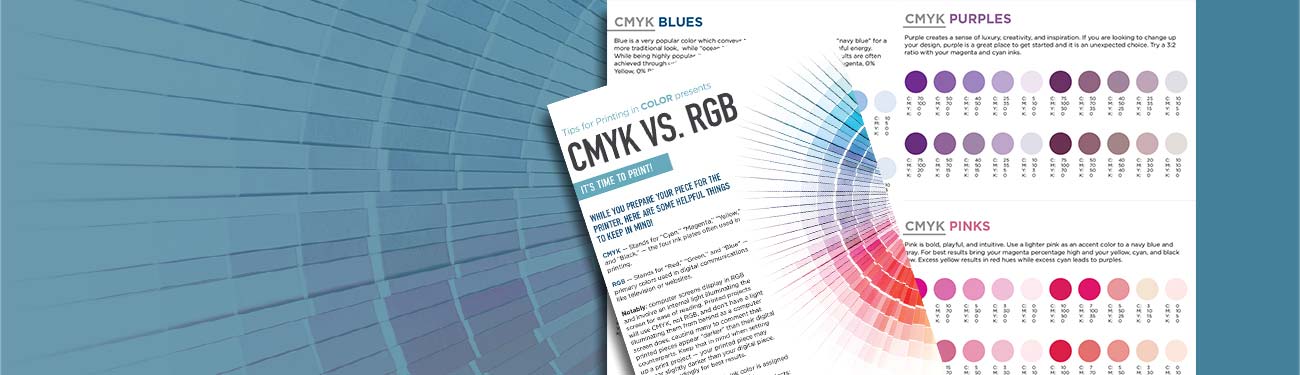 A piece of paper with the words cmyk vs rgb on it on top of color swatches.