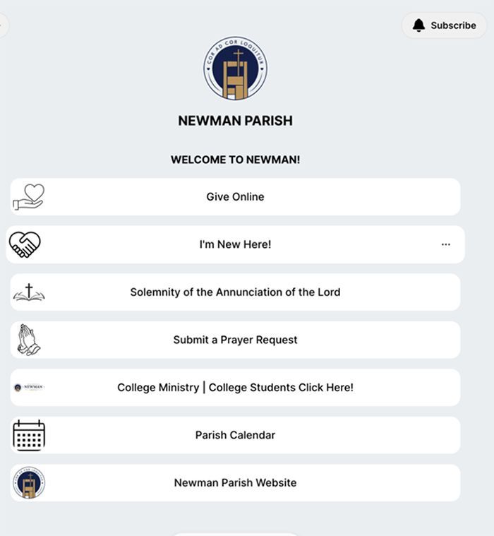 A screenshot of the newman parish website.