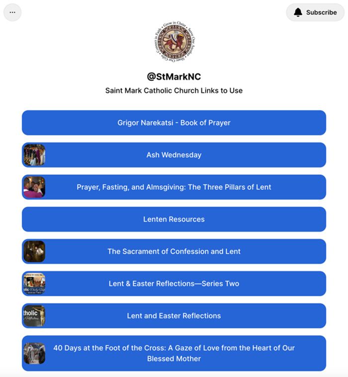 A screenshot of a saint mark catholic church website