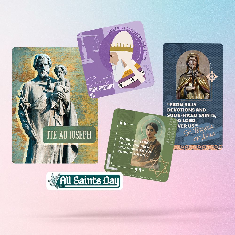 a collage of Catholic saint imagery
