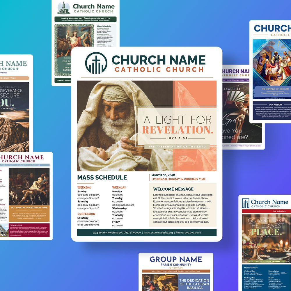 Collage of parish bulletins with beautifully designed covers. 