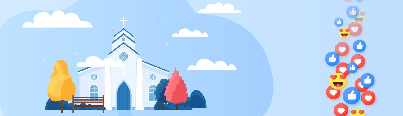 A illustration of a church with trees and clouds in the sky.