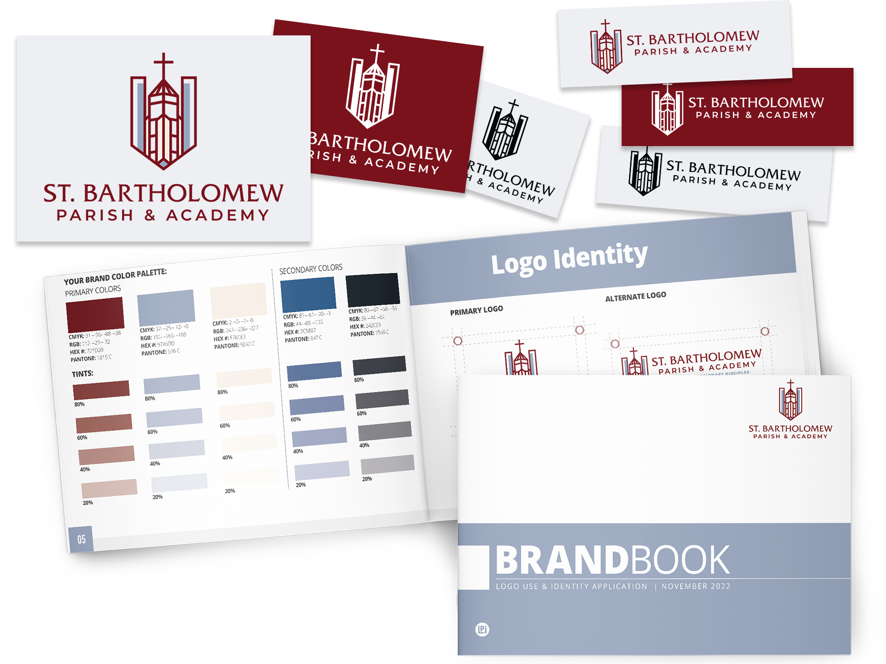 A brand book and business cards for  St. Bartholomew Parish and Academy.