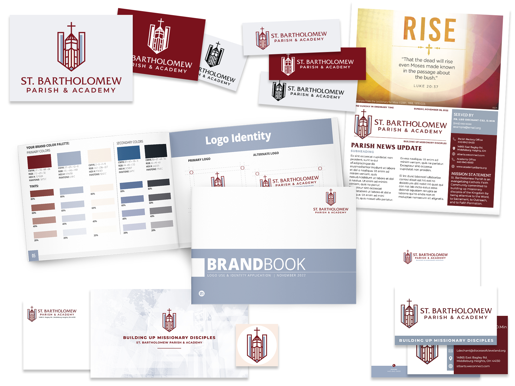 A brand book, business cards, bulletin, envelopes, and logos for a Catholic Church.