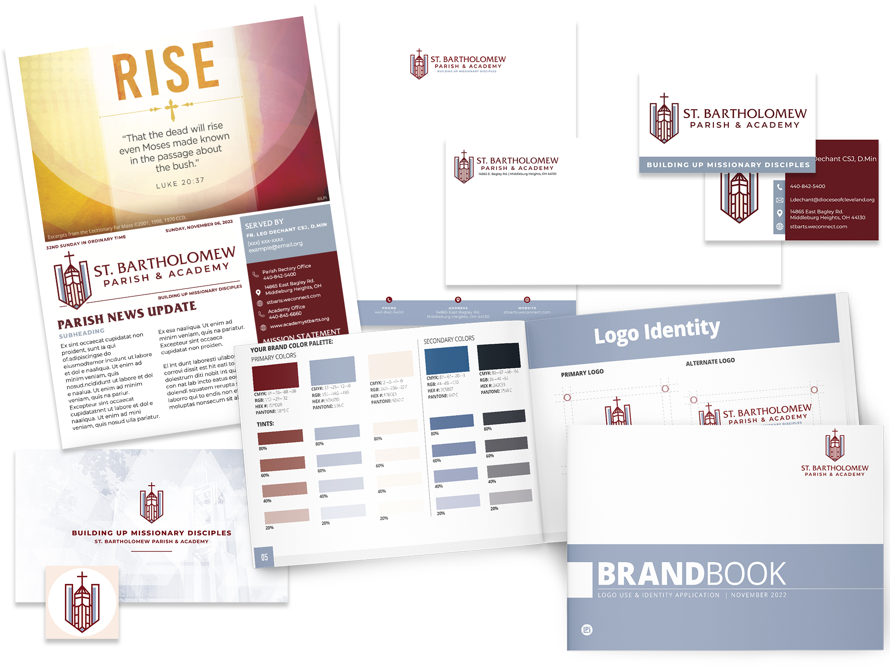 A brand book, bulletin, envelope and business cards for  St. Bartholomew Parish and Academy.