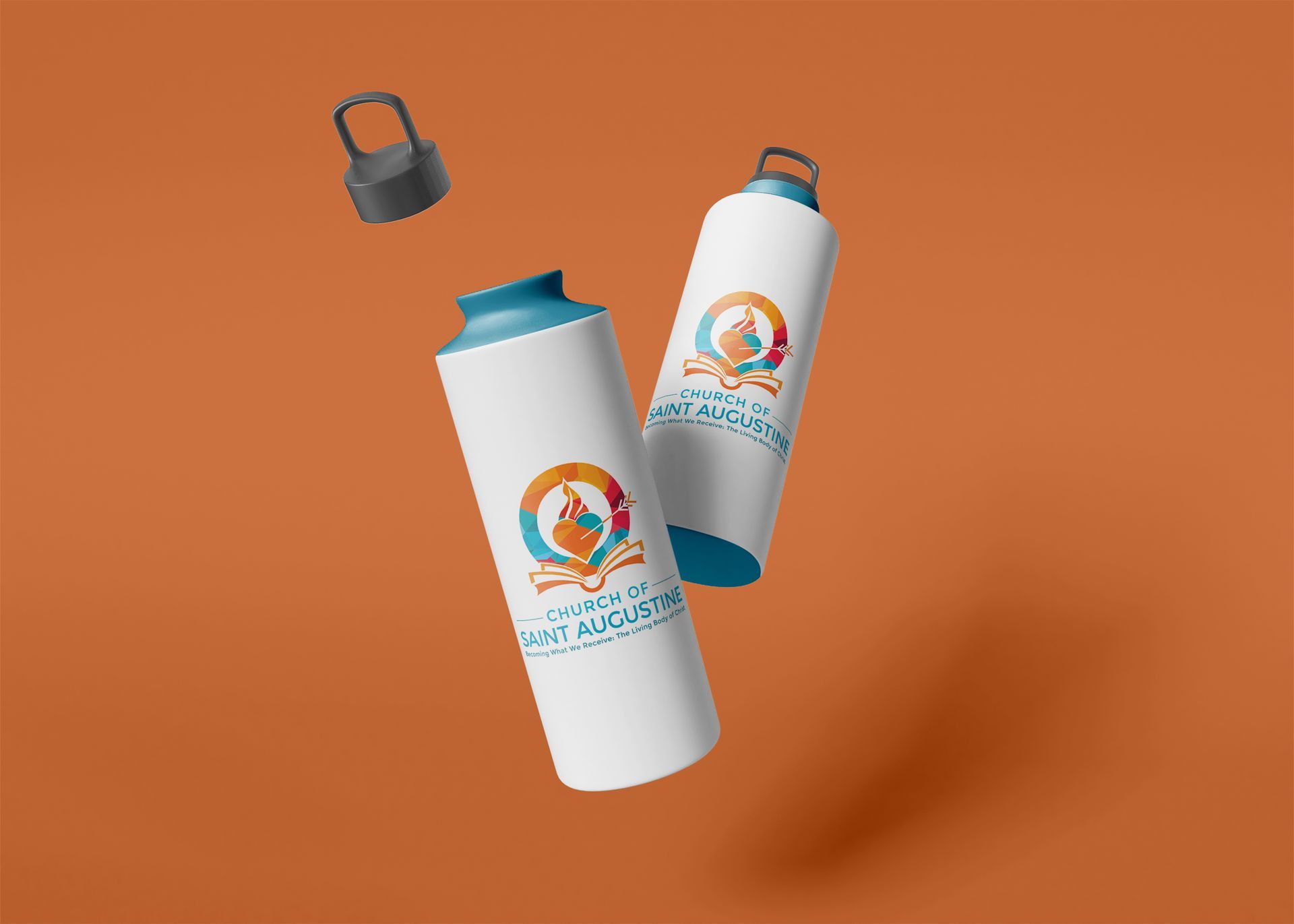 Two water bottles are floating in the air on an orange background.