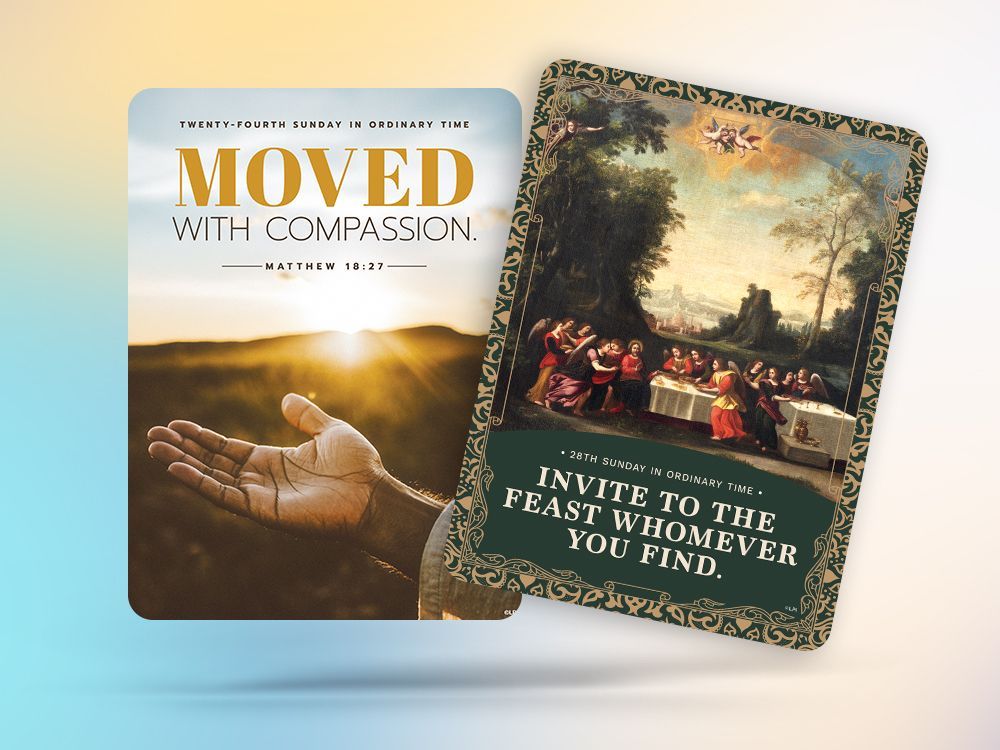 Faith graphic with hands, sunset, and two cards reading “Moved with Compassion” and “His heart was moved with pity”
