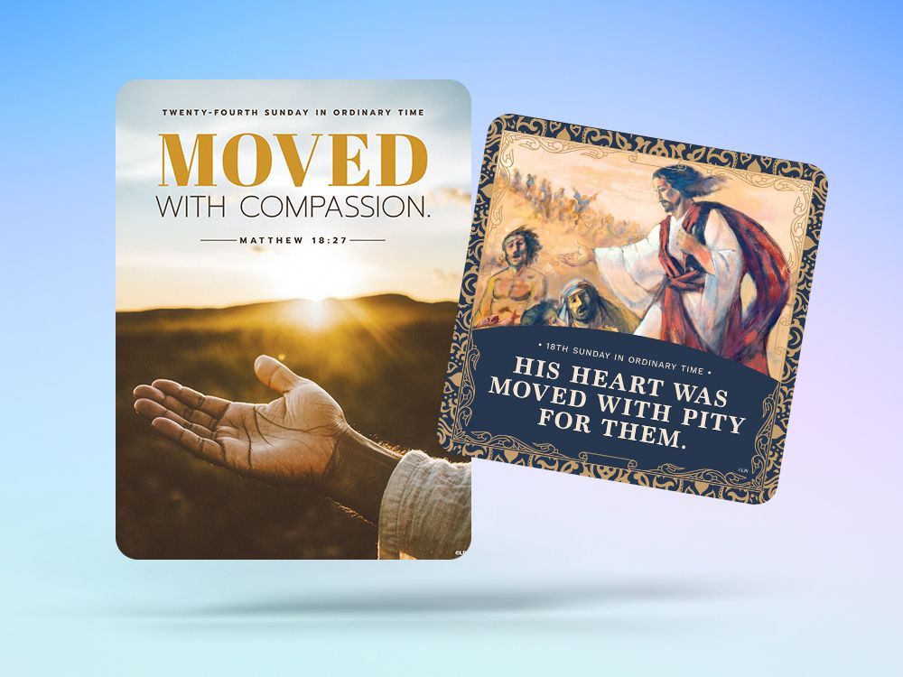 Faith graphic with hands, sunset, and two cards reading “Moved with Compassion” and “His heart was moved with pity”