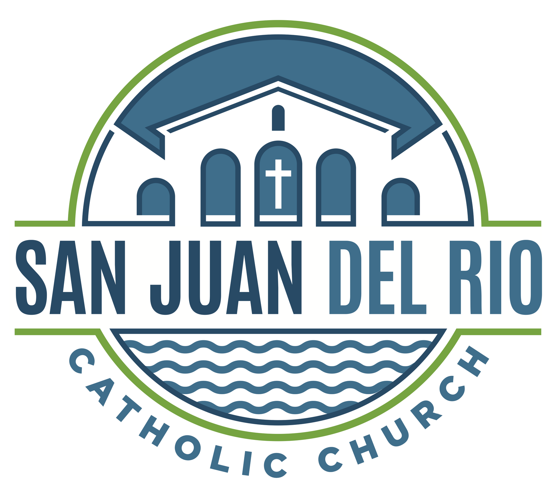 The logo for the San Juan Del Rio catholic church with a illustrated church in a circle.