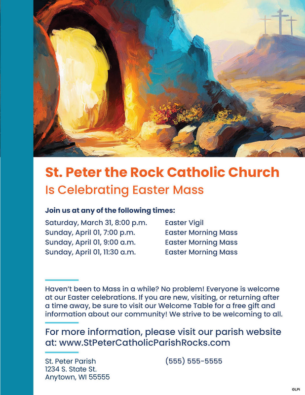 A graphic for St. Peter the rock catholic church is celebrating Easter mass.