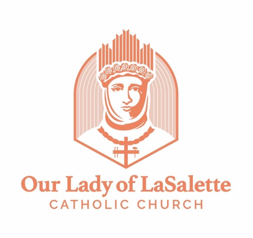 A logo for Lur Lady of Lasalette catholic church with a orange illustrated woman with a cross necklace.