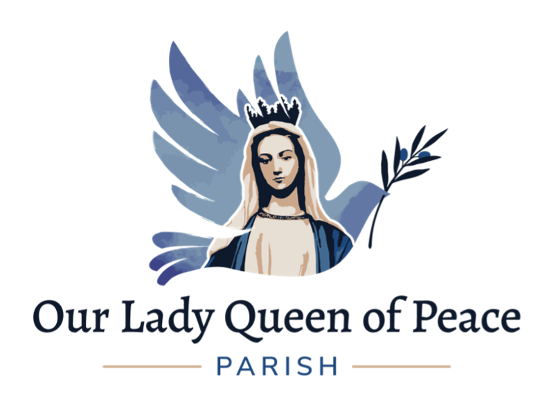 A logo for Our Lady Queen of Peace with Mary and a dove behind her.