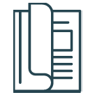 A line drawing of an open book with a pen in it.