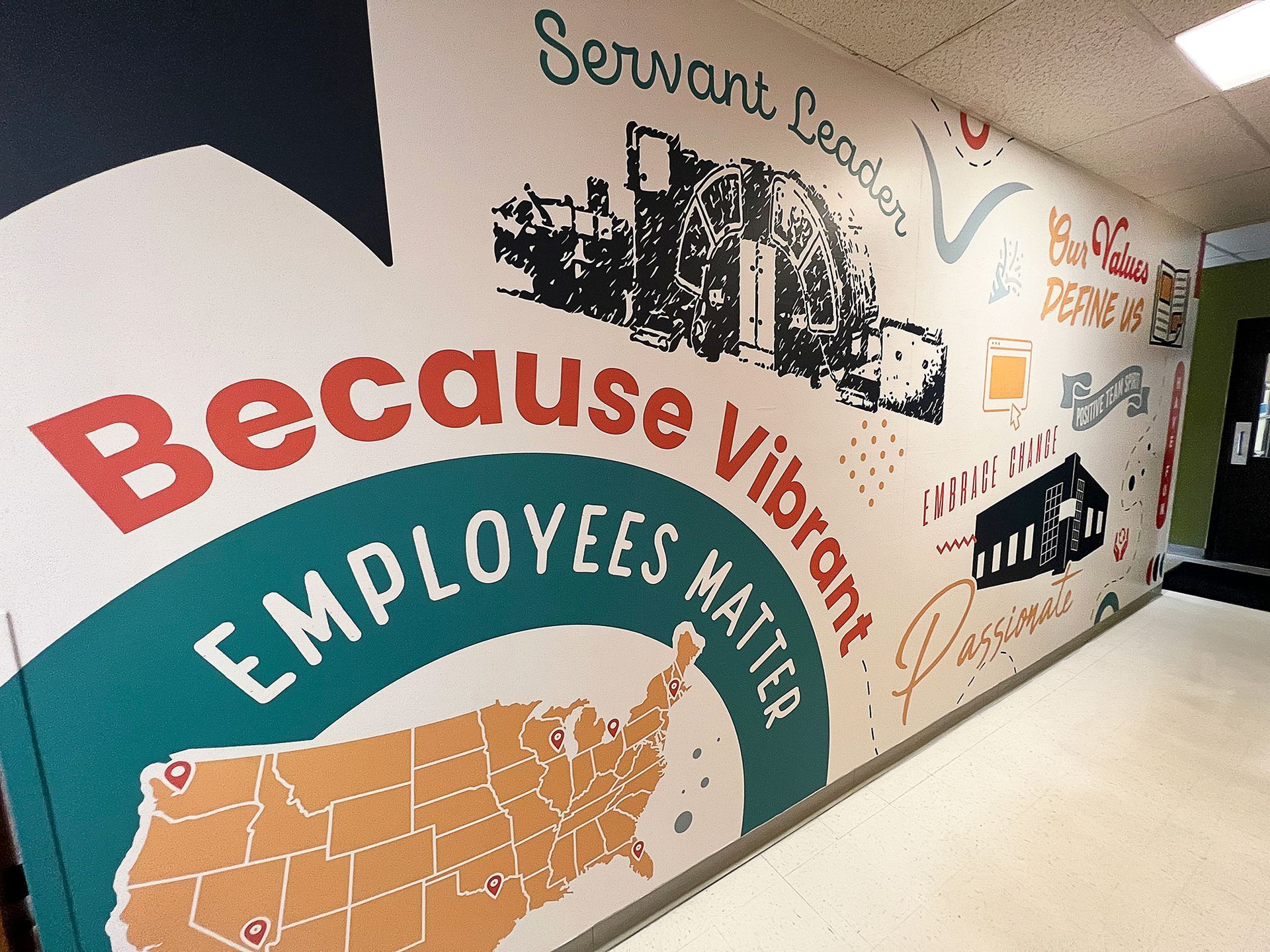A wall with a mural on it that says