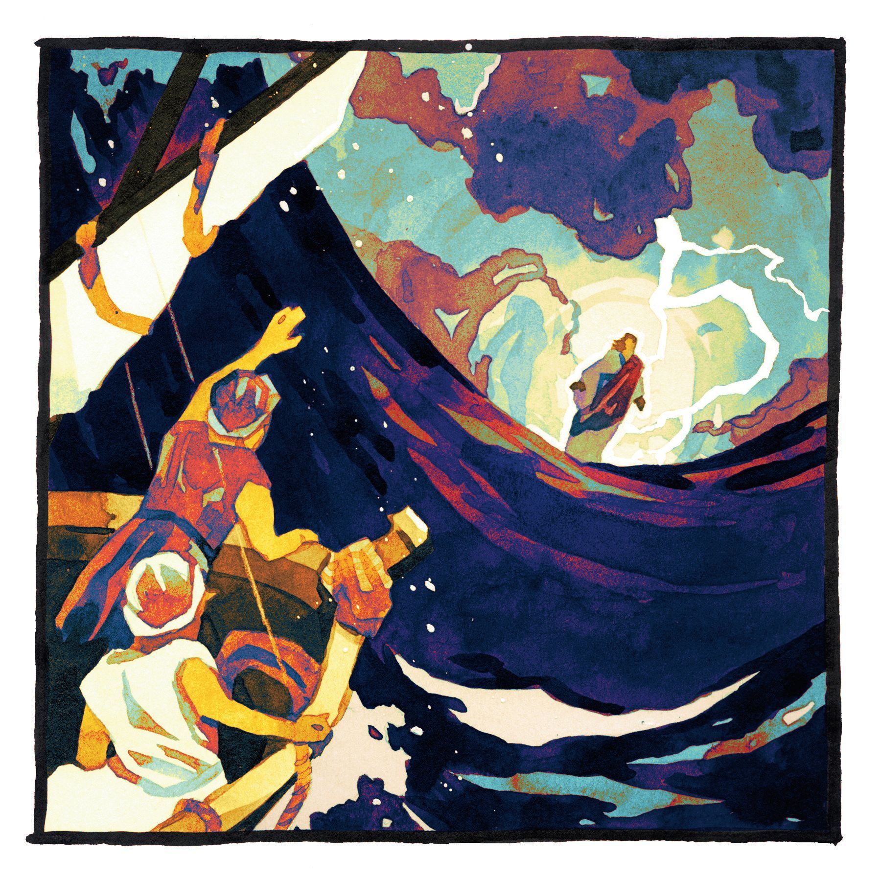 A painting of two people in a boat in the ocean with Jesus walking on water.