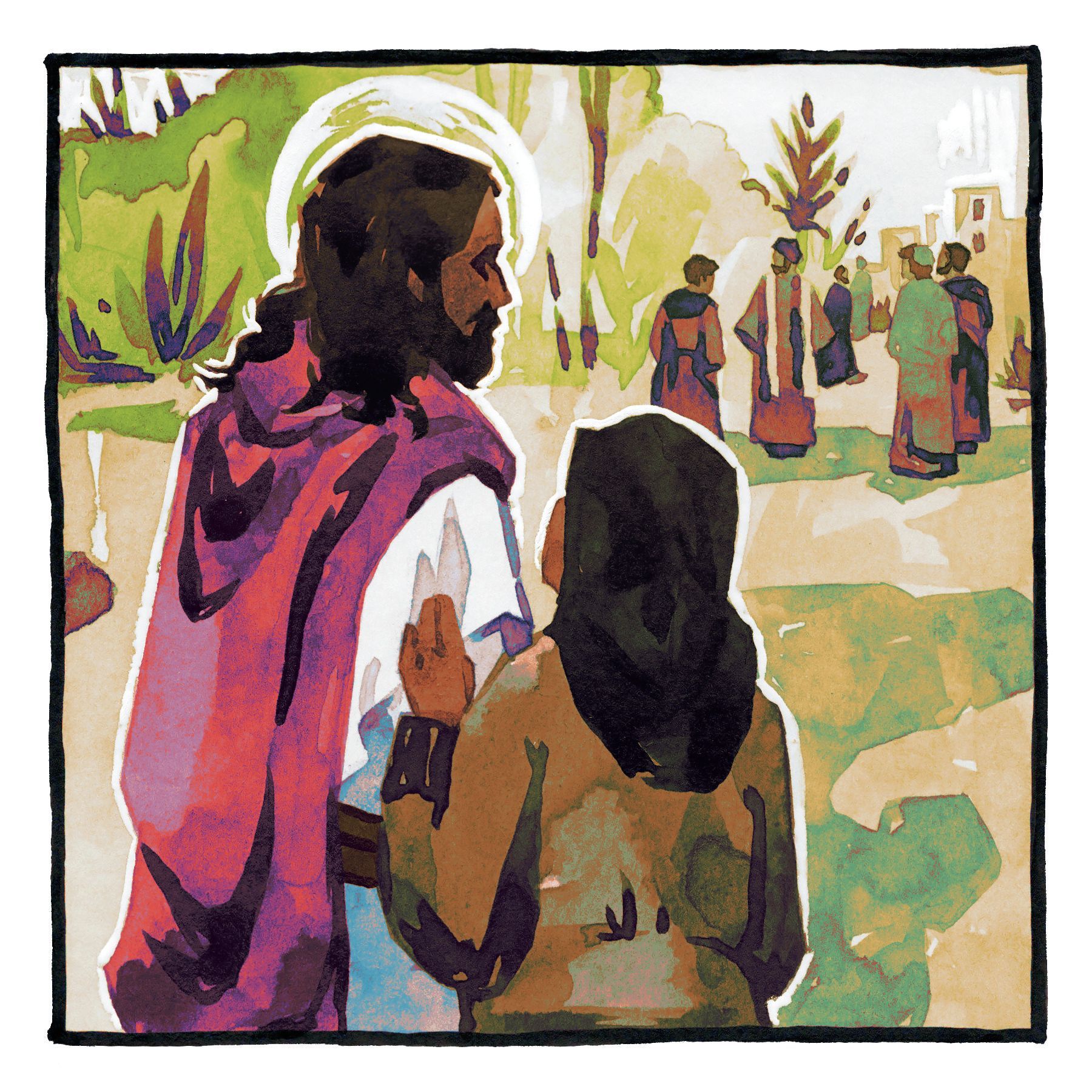 A water color painting of Jesus talking to a woman.