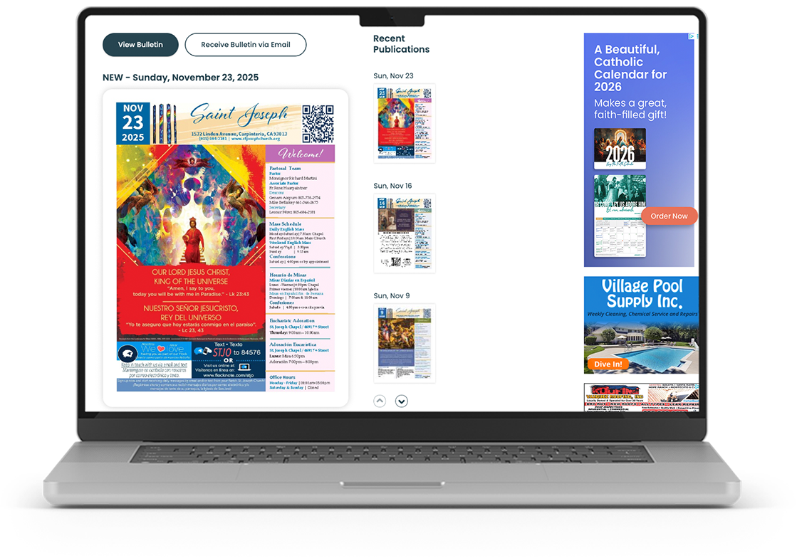 A laptop computer is open to a website called Parishes Online showing a bulletin and advertisements.
