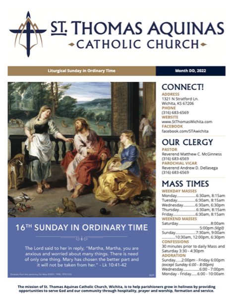 A bulletin for St. Thomas Aquinas catholic church.