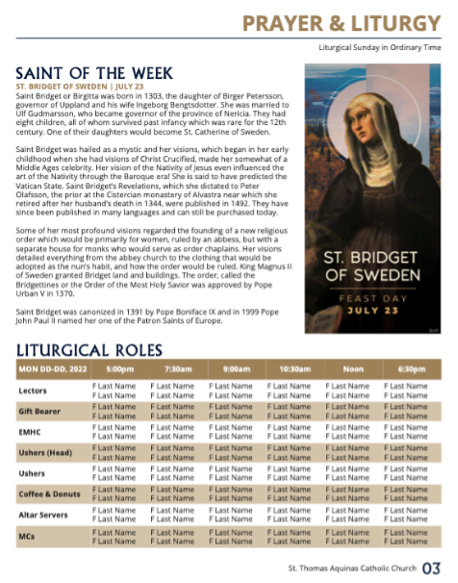A bulletin with a prayer and liturgy pamphlet for Saint Bridget of Sweden.