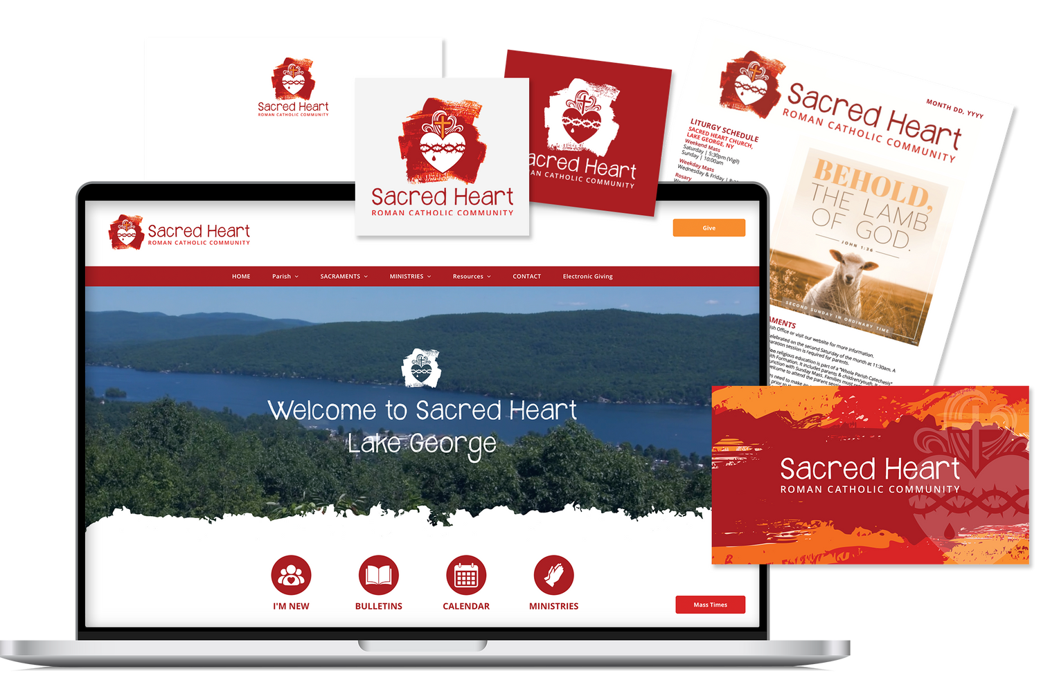 A laptop, a bulletin, and logos for Sacred Heart.