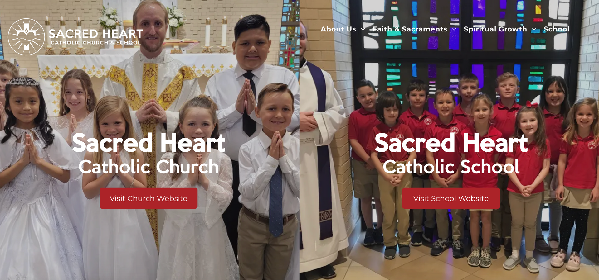 Two photos of children, one at a Parish and one at a school name Sacred Heart.
