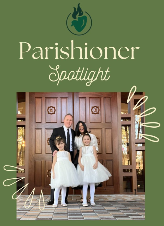 A family standing in front of a door with the words parishioner spotlight on it