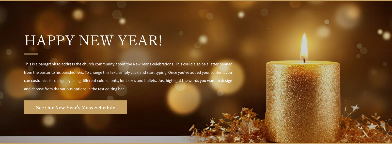 A happy new year greeting card with a gold candle.