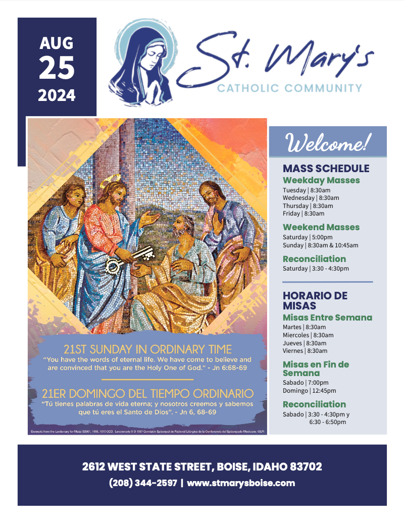 A bulletin for St. Mary 's catholic community for August 25 2024.