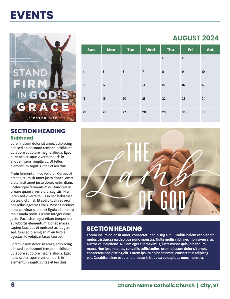 A bulletin for a Parish with a calendar and Catholic themed graphics on it..