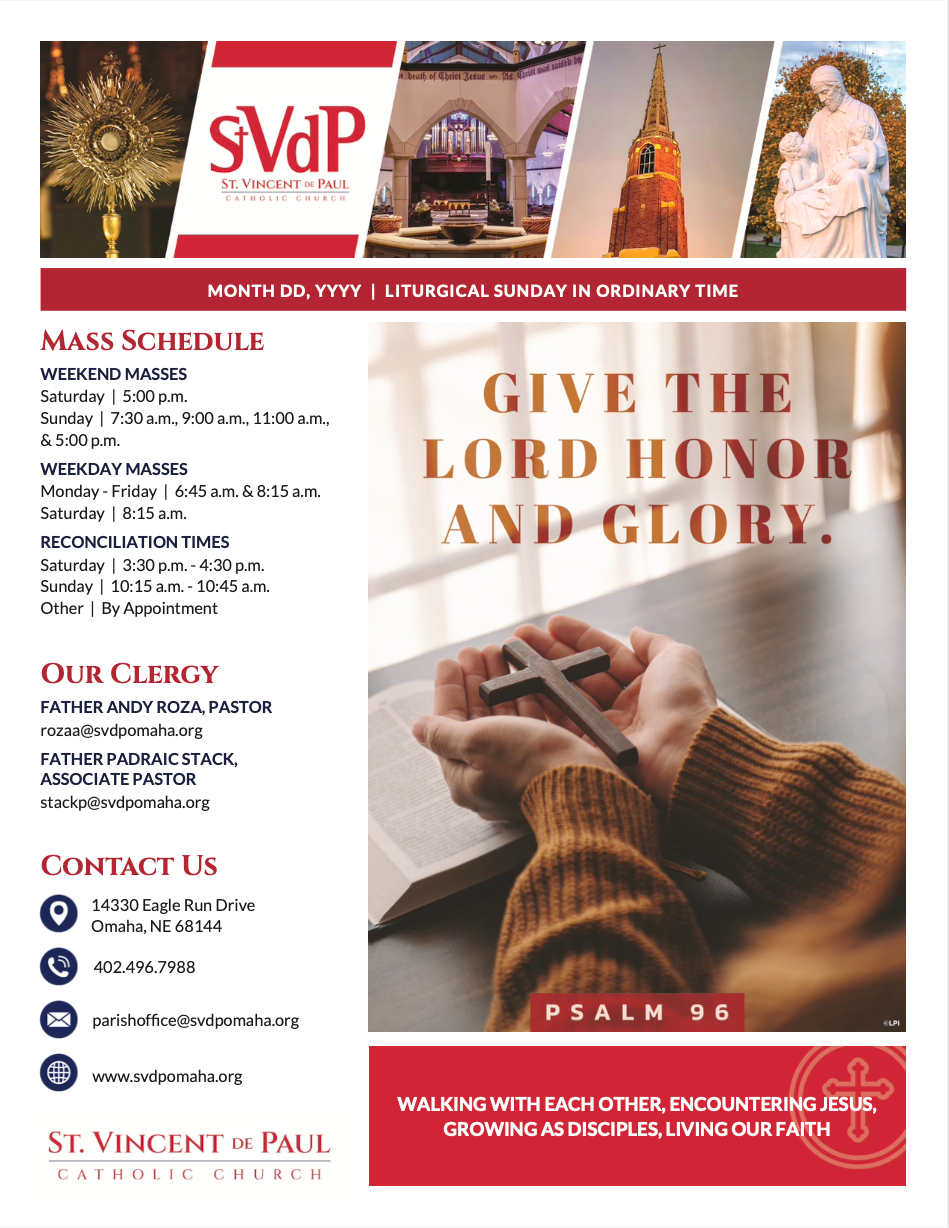 A bulletin page with person is holding a cross in their hands and a Mass schedule.