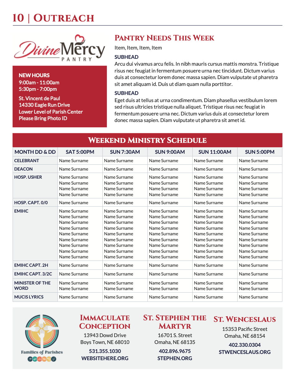 A red and white bulletin for Divine Mercy Ministries showing a schedule.