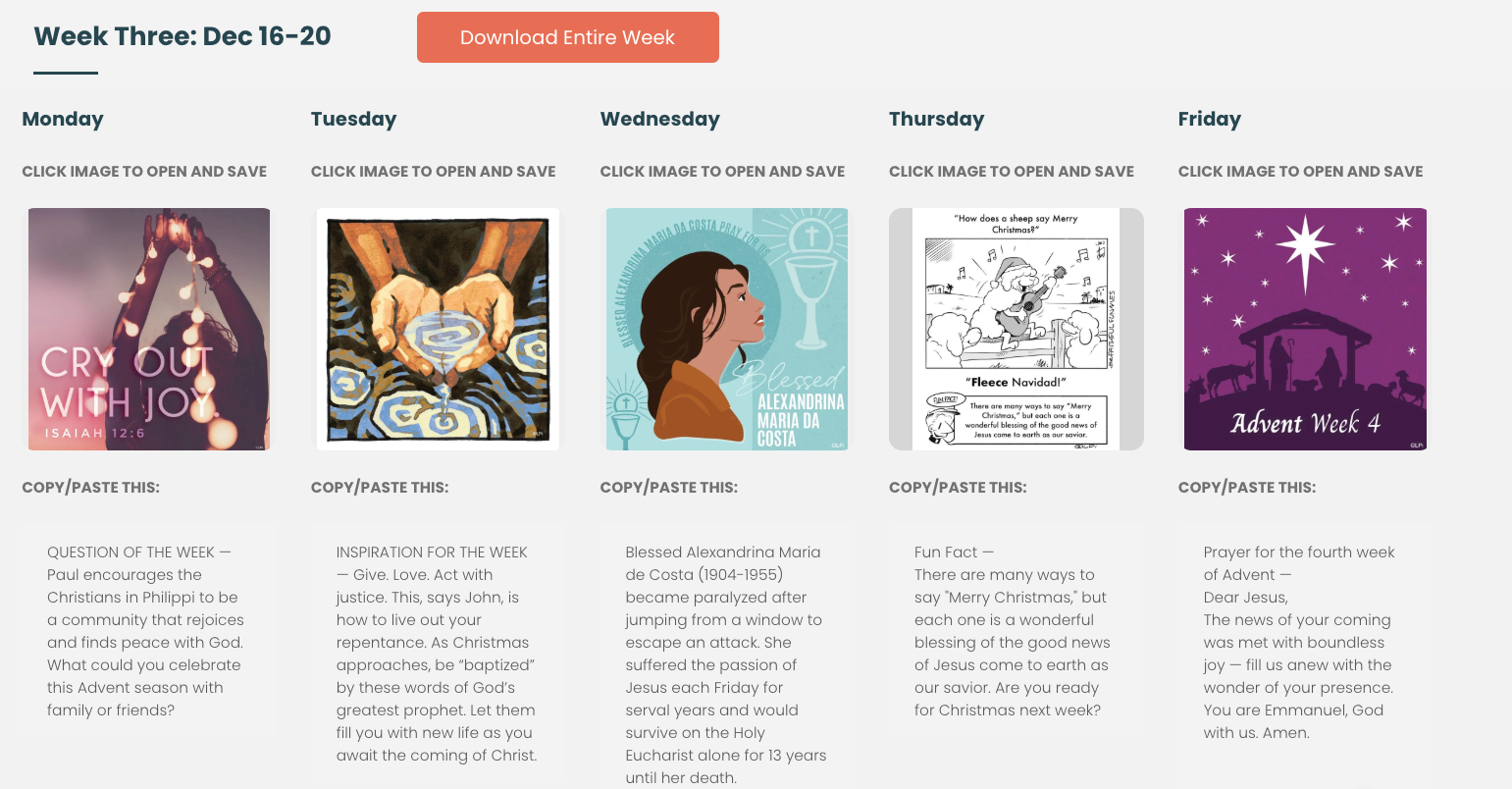A screenshot of a website showing a variety of Catholic images.