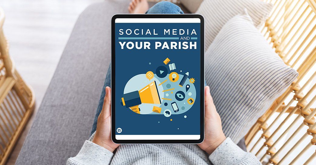 A person is holding a tablet that says social media your parish.
