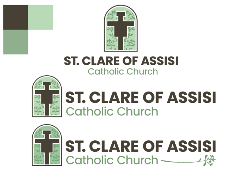 Three different logos for St. Clare of Assisi catholic church.h