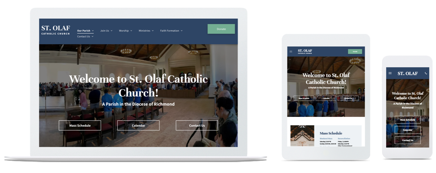 A laptop , tablet , and cell phone showing a church website.
