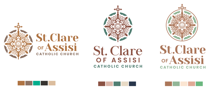 Three logos for St. Clare of Assisi catholic church.