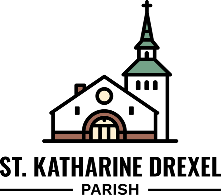 The logo for St. Katharine Drexel parish shows a church with a steeple.