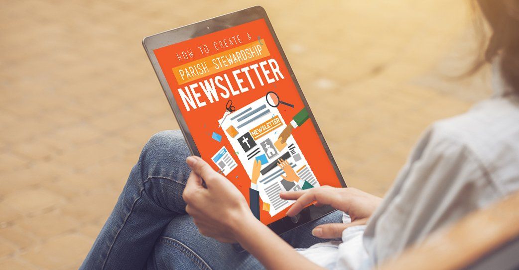 A person is holding a tablet with a newsletter on it.