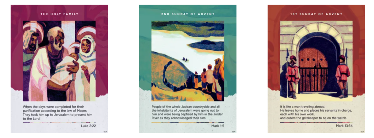 Three Catholic bulletin cover series images from LPi's Artisan Series