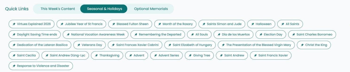 The Seasonal and Holidays tab: Month of the Rosary, All Saints, All Souls, Veterans Day, Thanksgiving, Advent, Christ the King and more