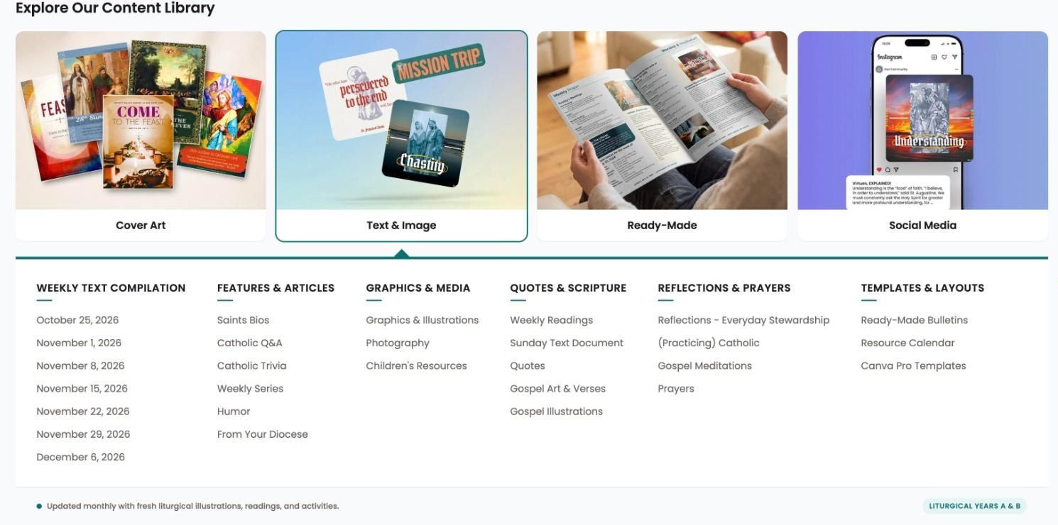 The Text and Image menu: Weekly Text Compilation dates, Features and Articles, Graphics and Media, Quotes and Scripture, Reflections and Prayers, Templates and Layouts