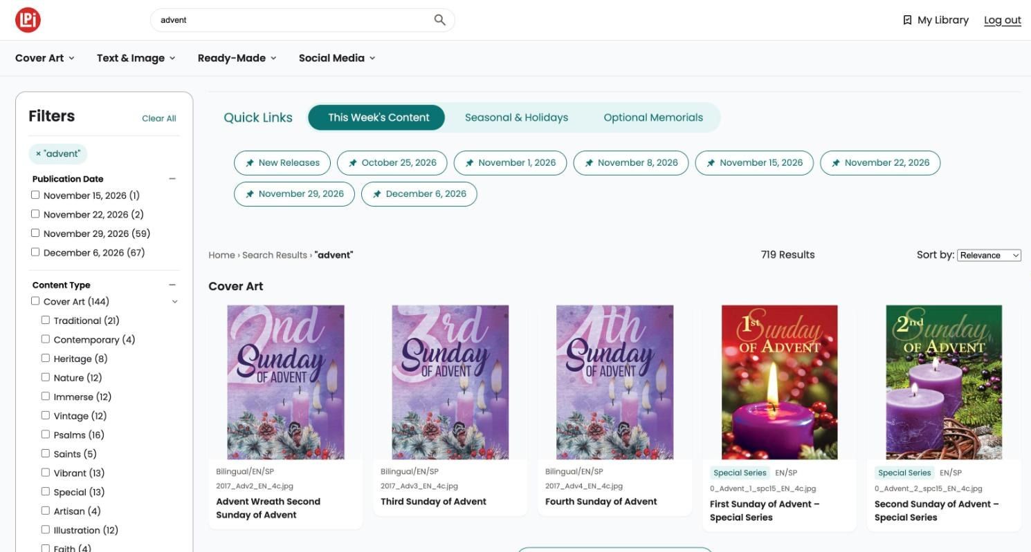 Search results for advent: filters on the left, Quick Links on top, and Cover Art results under a heading