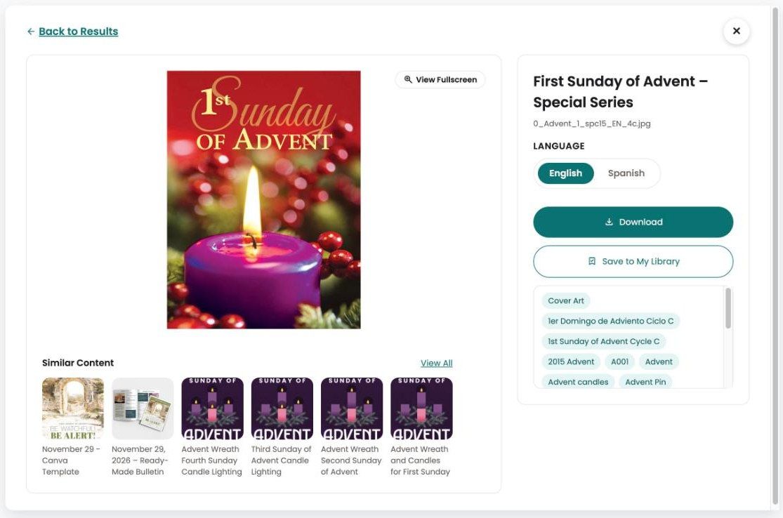 An asset page: the cover preview, Similar Content below it, and on the right the title, file name, Language switch, Download, Save to My Library and tags