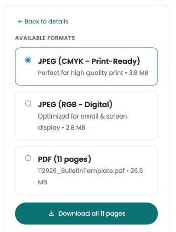 A bulletin's download formats: JPEG CMYK Print-Ready, JPEG RGB Digital, and PDF (11 pages)