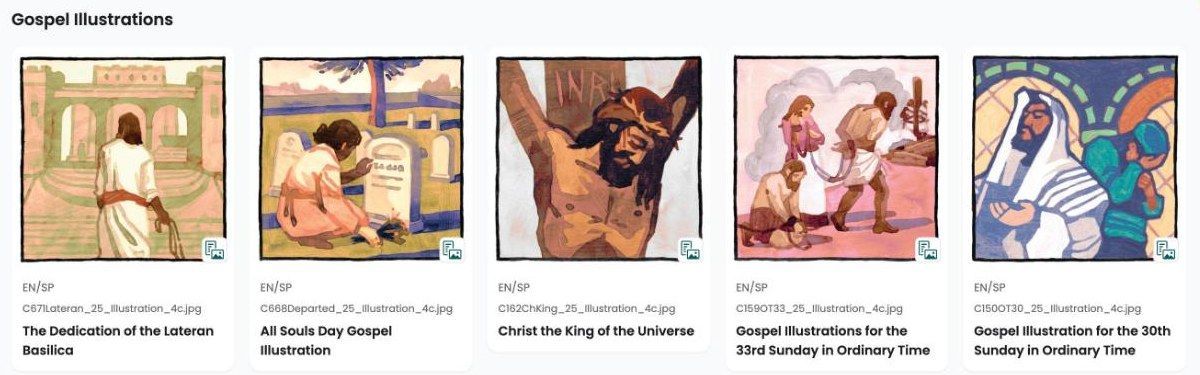 Gospel Illustrations cards, each with the image-and-text icon in the corner of the picture