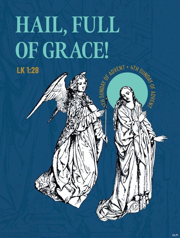A bulletin cover that says hail Mary full of grace on it with an Angle and Mary depicted.
